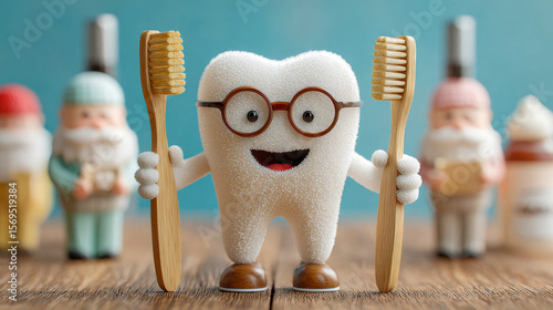 A cute cartoon tooth character holds paintbrushes, creating a playful concept of dental care and creativity
