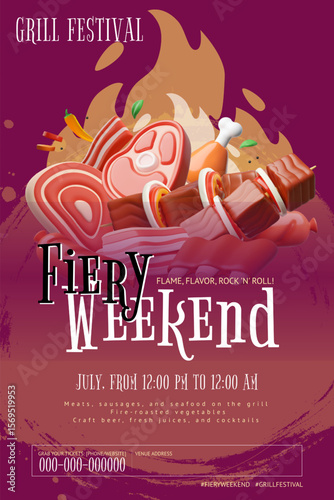 Grill festival 3D cartoon vector poster design, Fiery weekend invitation, realistic BBQ barbecue, roast meat, steak