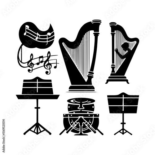 Collection of musical instruments and symbols in silhouette style