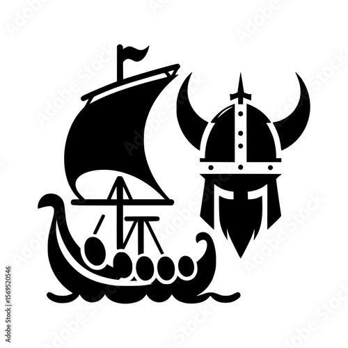 Black silhouette of a viking longship and horned helmet on a white background