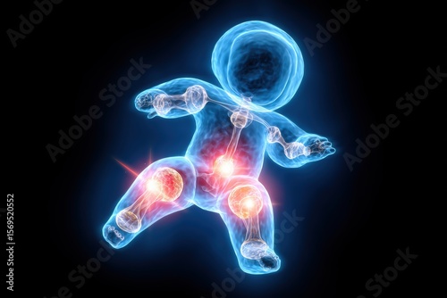 3D Illustration of a Transparent Child Figure Highlighting Joint Pain and Sensitivity in the Knees and Hips with Glowing Effects on a Black Background