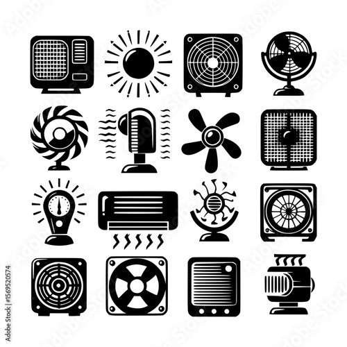 Collection of black and white fan and air conditioning icons on a light background