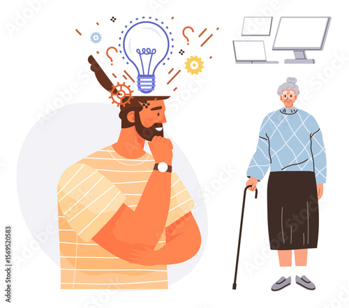 Man pondering with gears and light bulb above, conveying ideas. Elderly woman holding cane nearby. Ideal for creativity, problem-solving, connection, support, innovation, intergenerational themes