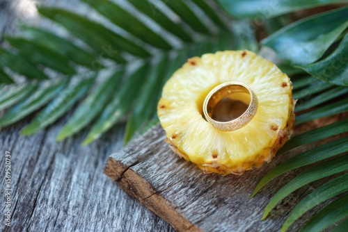 A Beautiful Golden Ring Resting on a Fresh Pineapple Slice Surrounded by Lush Greenery Evoking a Tropical Vibe and Freshness for Creative Projects and Culinary Inspiration