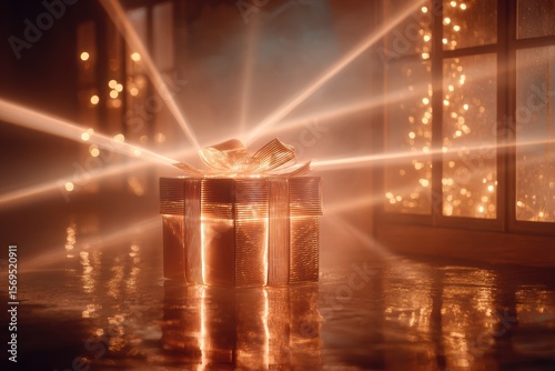 A Beautifully Wrapped Gift Box Emitting Glowing Light Rays Surrounded by Soft Bokeh Lights in a Cozy Indoor Setting with a Warm Ambiance