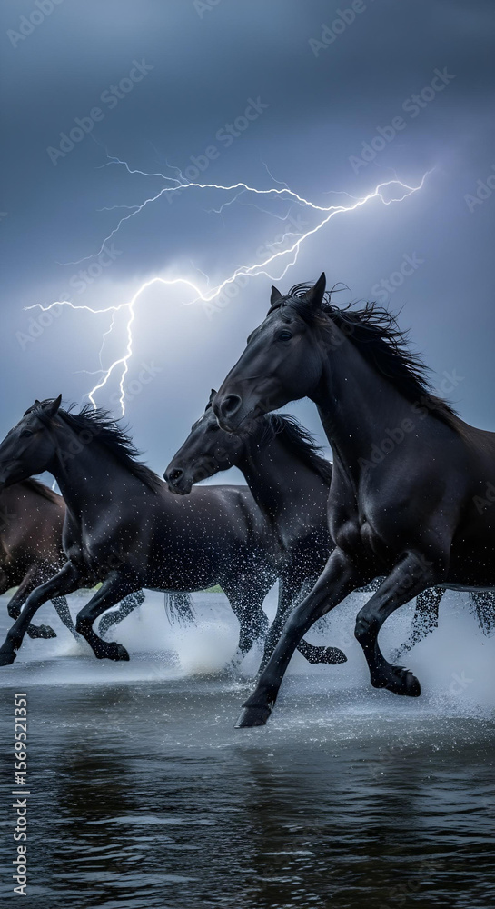 Obraz premium Close-up of wild horses crossing a river during a stormy weather. 