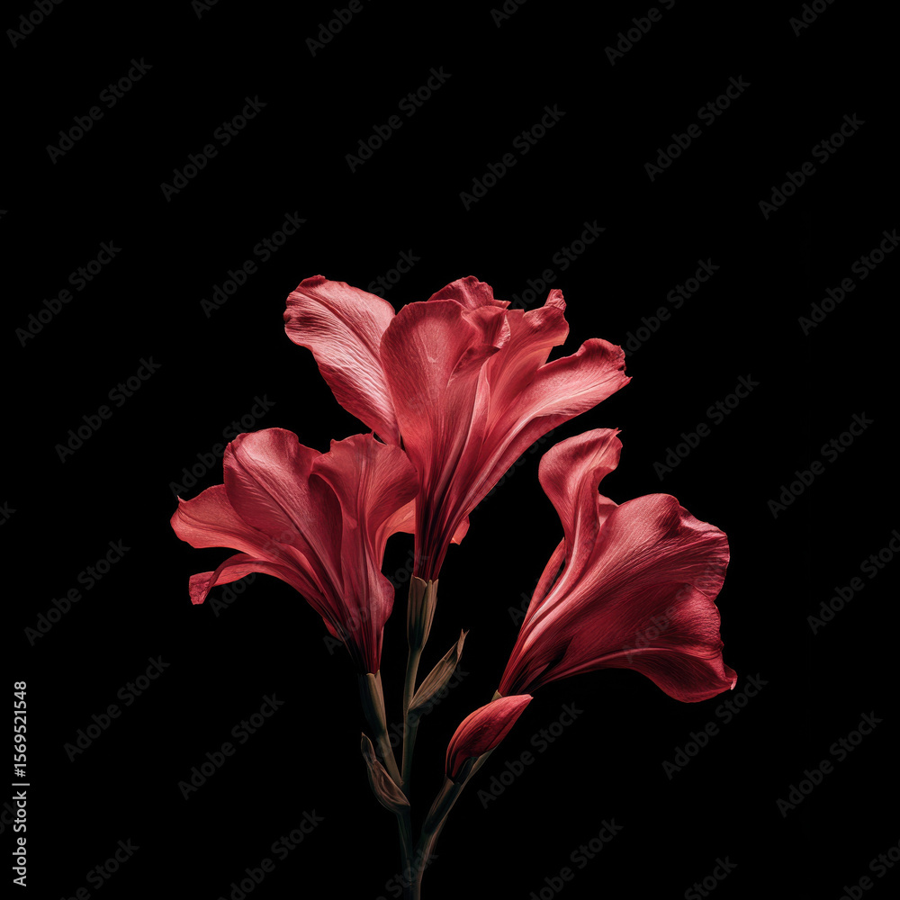 Fototapeta premium Red flowers glow on black background