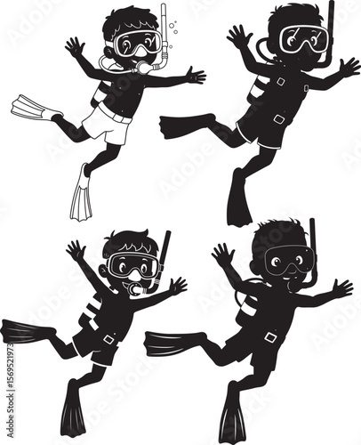 Boy Diver Cartoon Posing And Waving silhouette