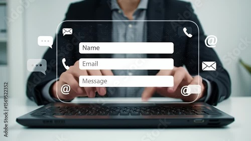 Man In Black Suit Using Laptop With Holographic Contact Form Interface On White Desk In Bright Light Futuristic Innovation
