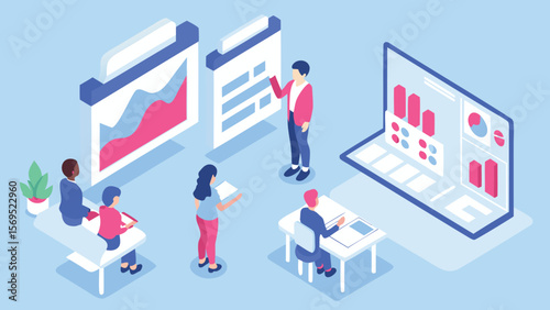 Isometric view of a business presentation with charts and graphs being reviewed by a team of people