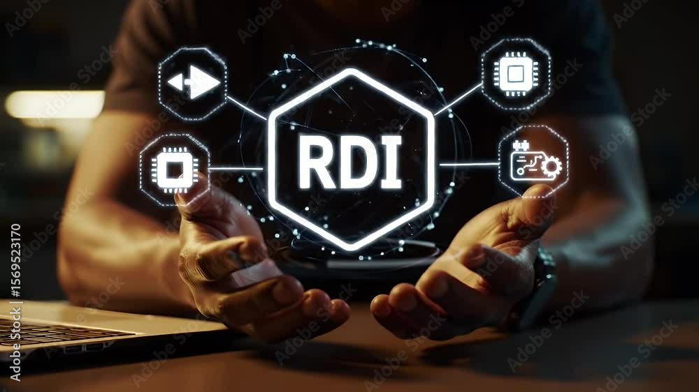 Data Rdi Man Presenting Digital Rdi Concept with Glowing Icons Against Dark ...