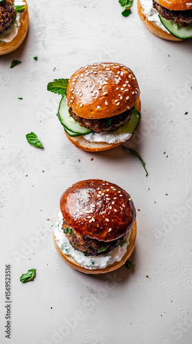 Mini burger snacks with chargrilled Angus patty, cheddar lamb kofta, Greek yoghurt, scattered on a white baclground.
