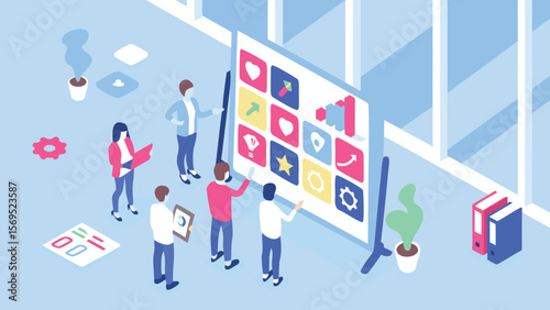 Isometric view of a team collaborating on a project with a large interactive display in an office space