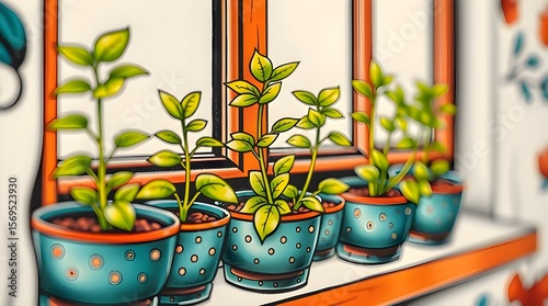 A tight close-up shot of a vibrant, retro-style traditional tattoo art print depicting bright green seedlings in speckled pots on a windowsill, rendered in complex ornamental detail against a white