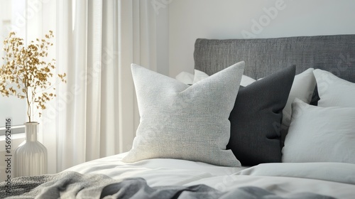 Serene bedroom scene featuring textured cushions and soft, diffused natural light