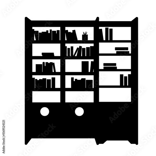 Silhouette of bookshelf with ladder and cabinet, black and white storage solution
