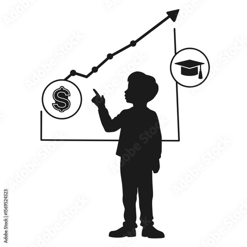 Silhouette of child pointing at growth chart with financial and academic symbols, progress tracking