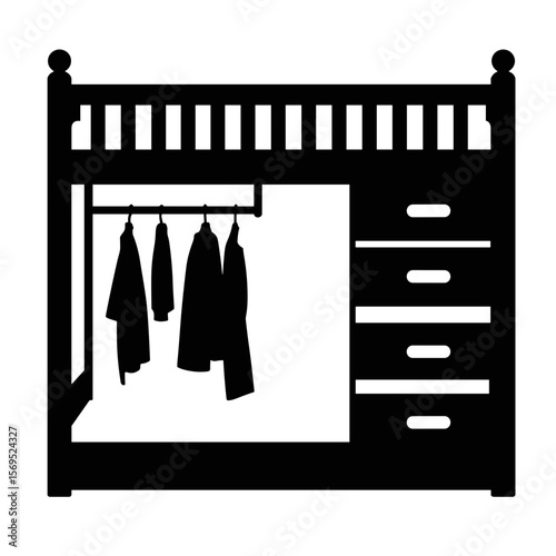 Silhouette of bunk bed with drawers and clothes rail, efficient storage and sleeping solution