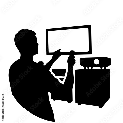 Silhouette of person with remote and TV, technology integration control