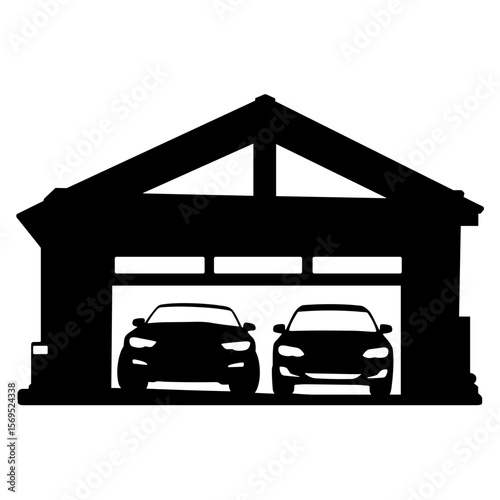 Silhouette of garage exterior with custom cars, auto culture and tuning hub