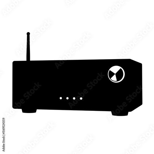 Silhouette of audio receiver with volume knob, central AV control hub, synchronization