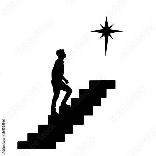 Silhouette of person climbing stairs toward star, ambition and self-development