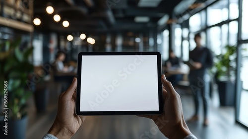 Hands Holding Tablet with Blank Screen in Modern Office tablet hands holding office modern screen ai