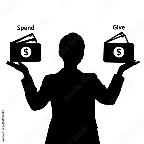 Silhouette with spend and give wallets, financial decision-making mindset
