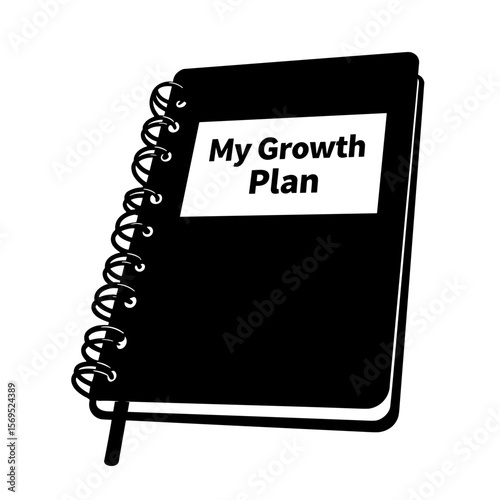 Black and white silhouette of notebook labeled “My Growth Plan” on white background, personal development tool