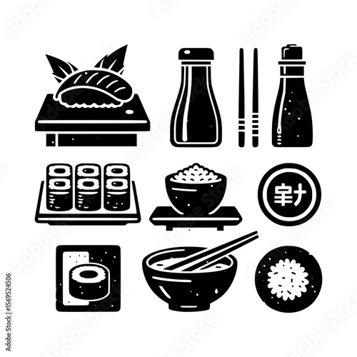 Black and white japanese sushi restaurant icons