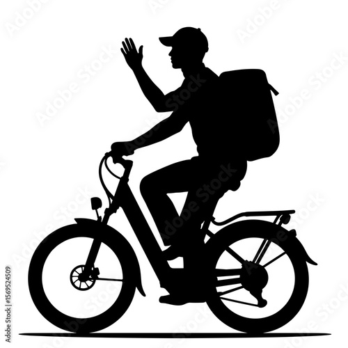 Silhouette of courier on e-bike waving, sustainable delivery service