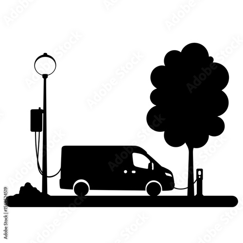 Silhouette of electric van charging at roadside station, e-logistics eco transport