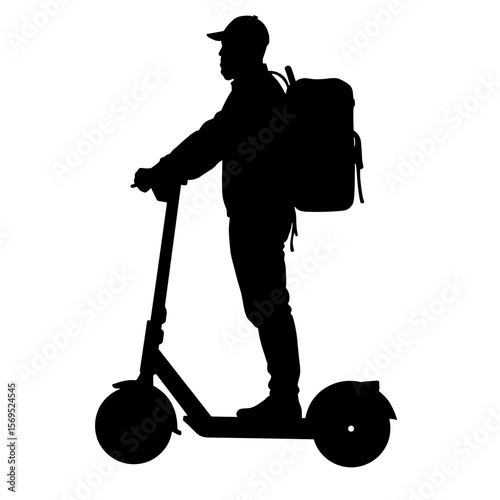 Silhouette of person on e-scooter with backpack, urban mobility and delivery