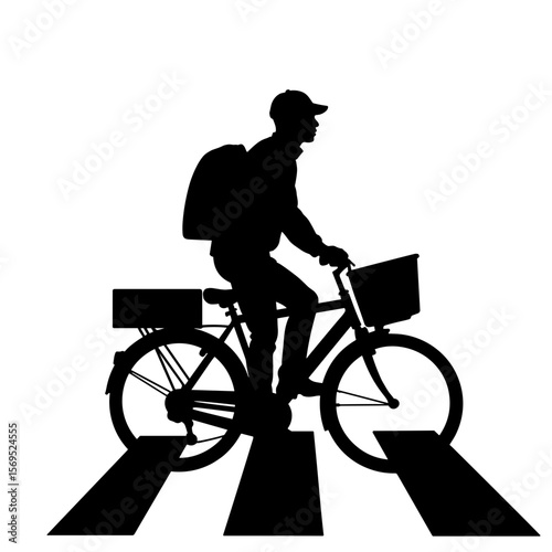 Silhouette of cyclist with parcel crossing pedestrian path, eco-friendly delivery