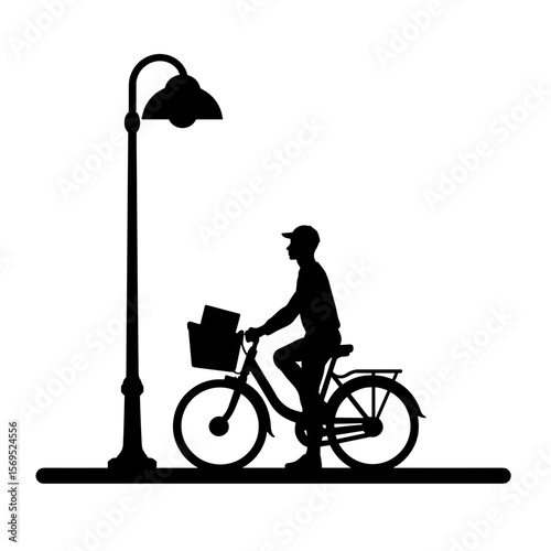 Silhouette of courier on bike under streetlight, urban night delivery theme