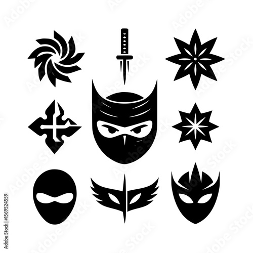 Ninja warrior symbols and masks graphic design set