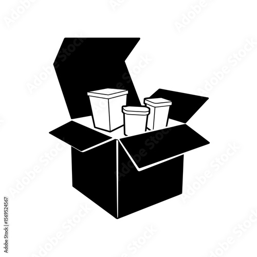 Silhouette of open delivery box with containers, sustainable packaging concept
