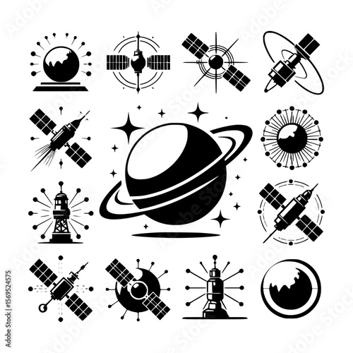 Space exploration icons satellites planets and space stations