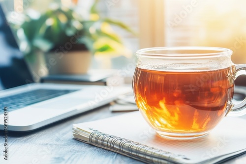 A glass cup of tea on a desk.