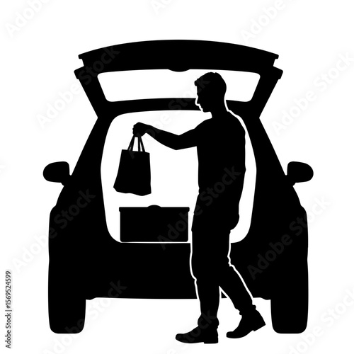 Silhouette of person with reusable bag from car trunk, eco-friendly transport