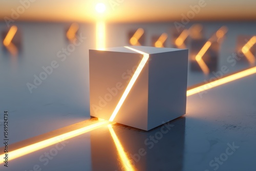Abstract geometric composition showcasing illuminated cubes with glowing lines, highlighting modern design elements in a serene sunset background, creating a futuristic ambiance.
