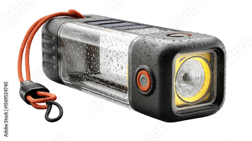 Underwater Flashlight: A close-up view showcases a robust, waterproof flashlight, perfect for underwater exploration, its design emphasizing durability and utility.