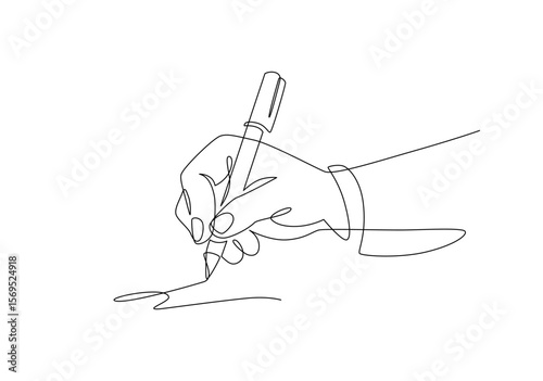 Hand of businessman signing business document with pen, Continuous outline drawing, Business line art drawing concept, Vector design illustration.