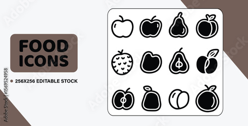 A set of 12 doodle-style outline vector icons of common fruits, such as an apple, a pear, and a peach.
