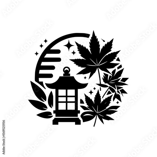 Japanese lantern with autumn maple leaves and moon
