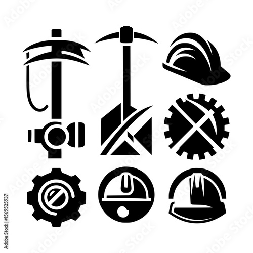 Mining industry icons tools gear and safety helmets