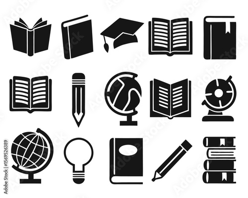 Comprehensive collection of educational symbols representing study reading learning and knowledge acquisition presented in a clean modern design with vibrant color accents