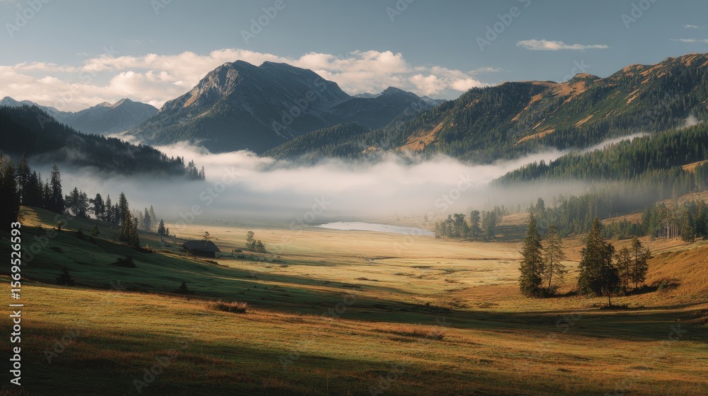Fototapeta premium Serene Mountain Landscape with Misty Valley and Lush Greenery
