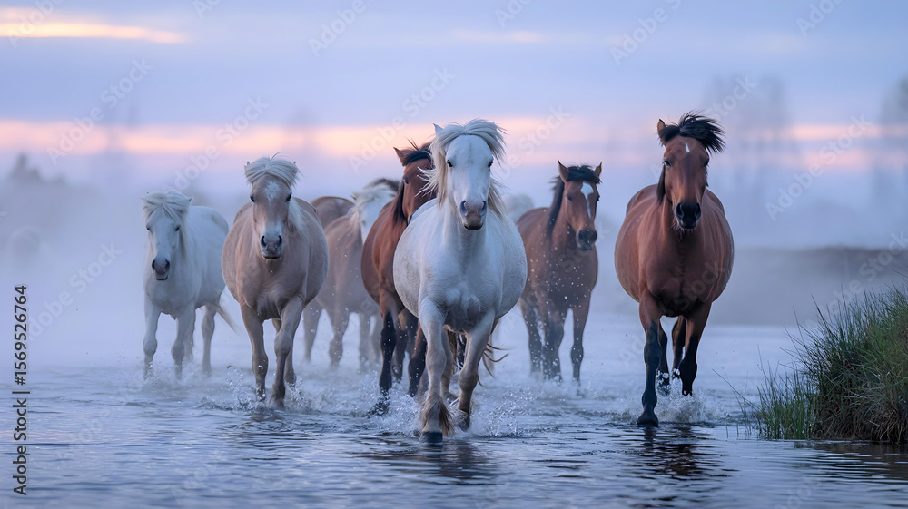 Obraz premium Wild horses charging through foggy riverbed at dawn 
