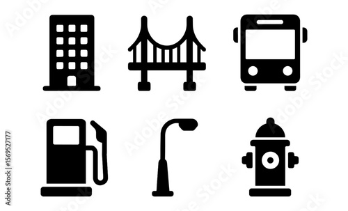 Urban infrastructure icons: building, bridge, bus, gas pump, streetlight, fire hydrant